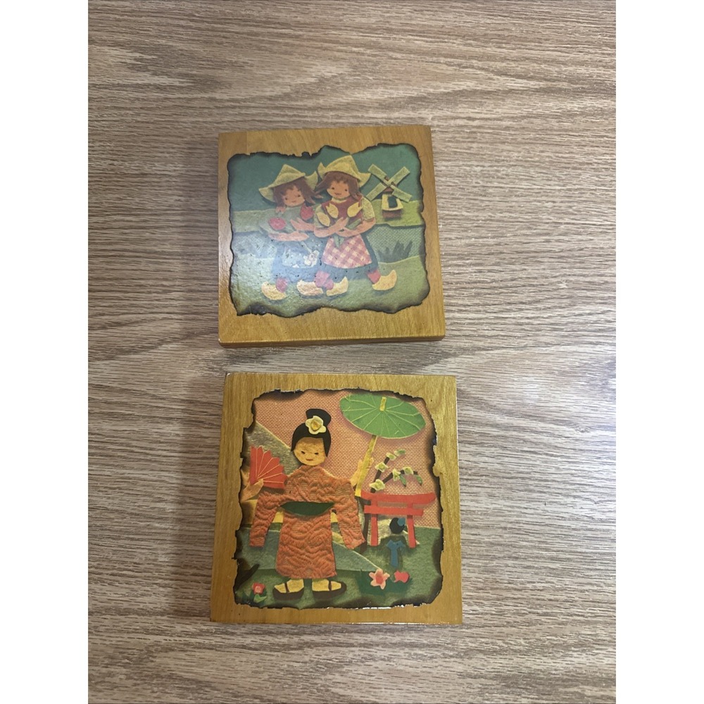 Set of 2 Vintage Decoupage Wooden Wall‎ Plaques - Asian And Dutch
